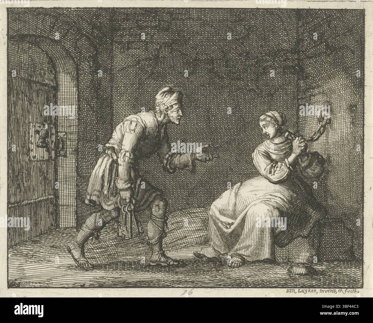 Amsterdam, Oossaan, Aart Dircksz., Amsterdam, Wybrants, Sander, Swart, Widow Steven, Blom, Joannes, Bergh, Herman van den, Deyster, Jacobus van der, Luyken, Jan, recto - écriture au crayon, impression, illustration de livre, impressions, Felicitas en prison avec le gardien, verso - estampillé, 26, hauteur 117 mm, largeur 145 mm, Noord-Nederlands, 1649-04-16 - 1712-04-05, imprimeur, imprimeur, 1685 - 1685, papier, gravure, conception de travail, selon sa propre conception, publication, édition, publication (événement), événement Banque D'Images