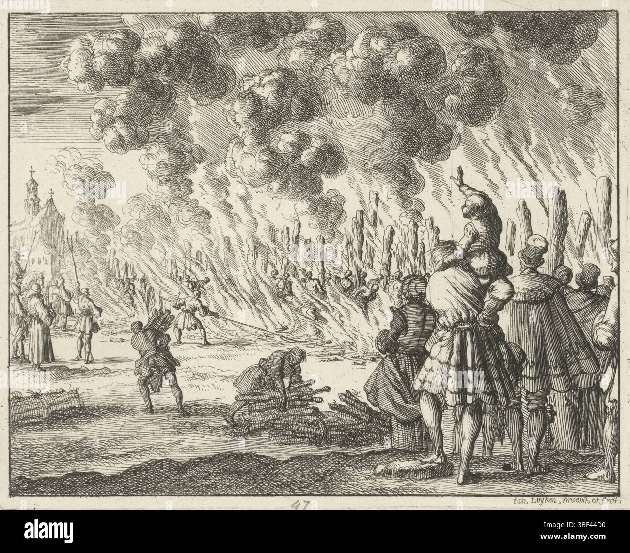 Amsterdam, Oossaan, Aart Dircksz., Amsterdam, Wybrants, Sander, Swart, Widow Steven, Blom, Joannes, Bergh, Herman van den, Deyster, Jacobus van der, Luyken, Jan, recto - écriture au crayon, impression, illustration de livre, impressions, 224 Waldenzen bij Toulouse gebrandt, verso - estampillé, 47, hauteur 115 mm, largeur 143 mm, Noord-Nederlands, 1649-04-16 - 1712-04-05, imprimeur, 1685 - 1685, papier, gravure, etsen, conception de travail, 1649-04-05, selon sa propre conception, publication (événement), édition, publication, événement, publication. Banque D'Images