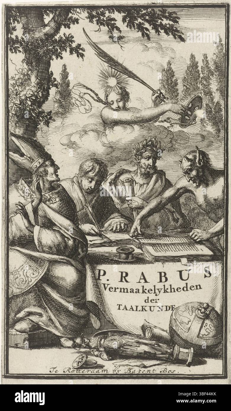 Rotterdam, Bos, Barent, Amsterdam, Luyken, Jan, Homepage for : P. Rabus, Greek, Latin, and Neêrduitse vermoekenheids der linguistice, 1688, Writing Man flanked by Church and State, Rotterdam, verso - estampillé, sous un arbre est un homme écrivant, flanqué des personnages de l'Église et de l'État. Ces trois chiffres sont lus par un satyre. Dans le ciel, la vérité flotte avec une branche de palmier et un masque détaché., impression, page de titre, impressions, hauteur 146 mm, largeur 86 mm, Néerlandais du Nord, 1649-04-16 - 1712-04-05, graveur, 1688 - 1688, papier, gravure, publication (événement), publication, Néerlandais, éditeur Banque D'Images