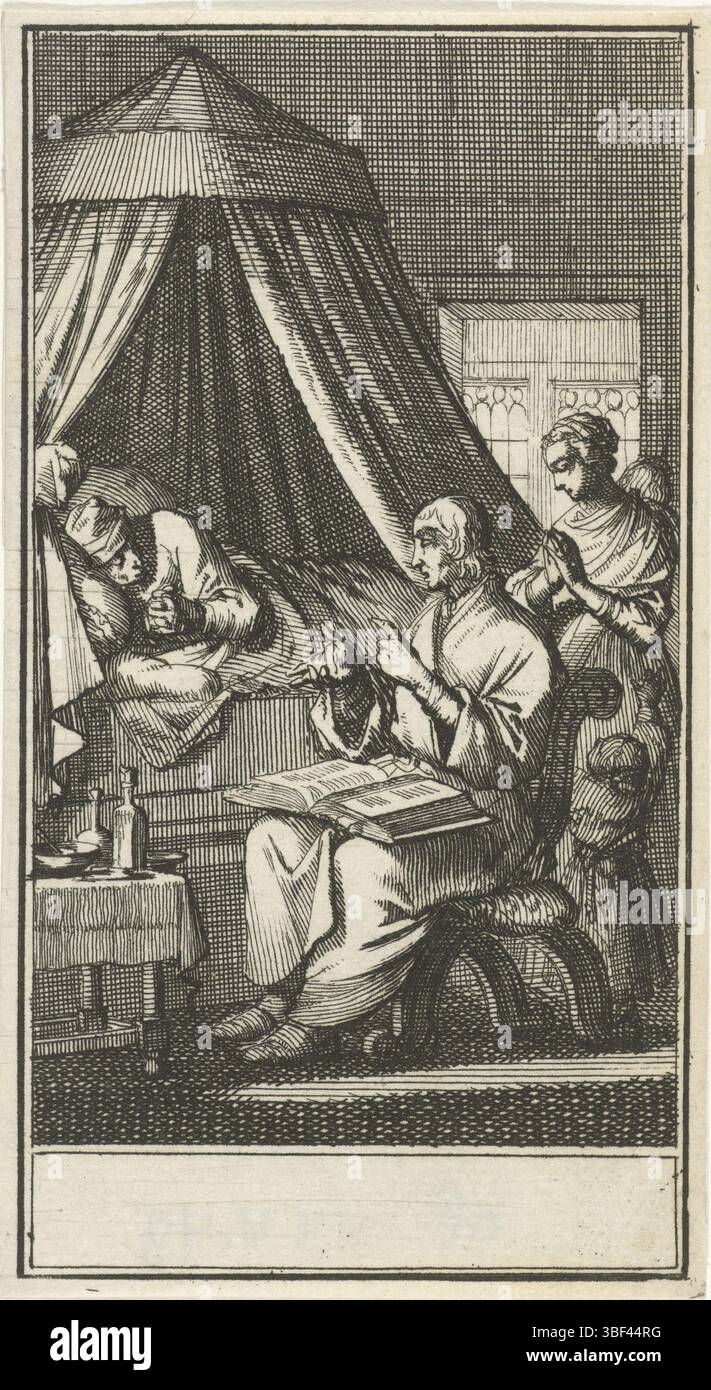 Amsterdam, Luyken, Jan, figures de prière au lit d'une personne malade, Amsterdam, impression, hauteur 112 mm, largeur 62 mm, Noord-Nederlands, 1649-04-16 - 1712-04-05, imprimeur, 1693 - 1693, papier, gravure, gravure Banque D'Images