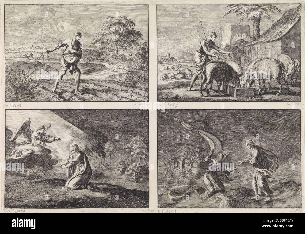 Amsterdam, mortier, Pieter (I), Haarlem, Luyken, Jan, quatre représentations du Nouveau Testament, Amsterdam, verso au milieu - estampillé, quatre représentations sur un magazine. A gauche se trouve la parabole du semeur et du Royaume des cieux. Juste au-dessus du fils perdu comme un pigherd. Laissé sous Christ dans le jardin de Gethsémani. En bas à droite Christ marche au-dessus de l'eau lors d'une tempête sur le lac de Galilée., impression, hauteur 221 mm, largeur 316 mm, nord-néerlandais, 1649-04-16 - 1712-04-05, graveur, 1703 - 1703, papier, gravure, publication (événement), publication, français, 1661 - 1711, éditeur Banque D'Images
