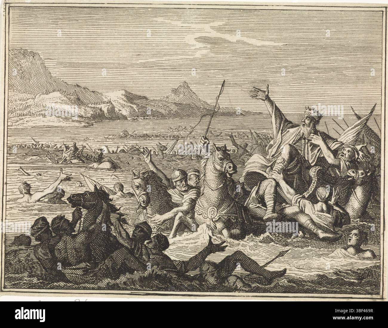 Amsterdam, Luyken, Caspar, L'armée de Pharaon noie dans la mer Rouge, Amsterdam, verso - écriture à l'encre brune, impression, verso - estampillé, 62, hauteur 113 mm, largeur 147 mm, Noord-Nederlands, 1672-12-18 - 1708-10-04, graveur, 1712 - 1712, papier, gravure, gravure Banque D'Images