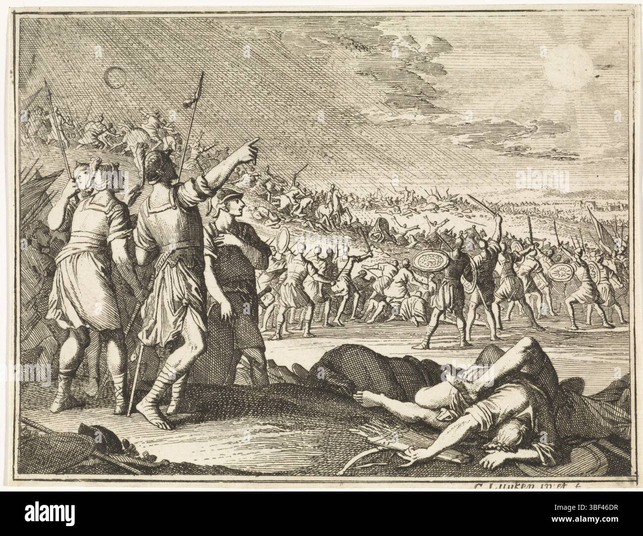 Luyken, Caspar, Amsterdam, Luyken, Joshua commande au soleil et à la lune de rester immobiles, verso - écriture à l'encre brune, impression, verso - estampillé, 79, hauteur 112 mm, largeur 146 mm, Noord-Nederlands, 1672-12-18 - 1708-10-04, graveur, 1712 - 1712, papier, gravure, concept de travail, selon sa propre conception Banque D'Images