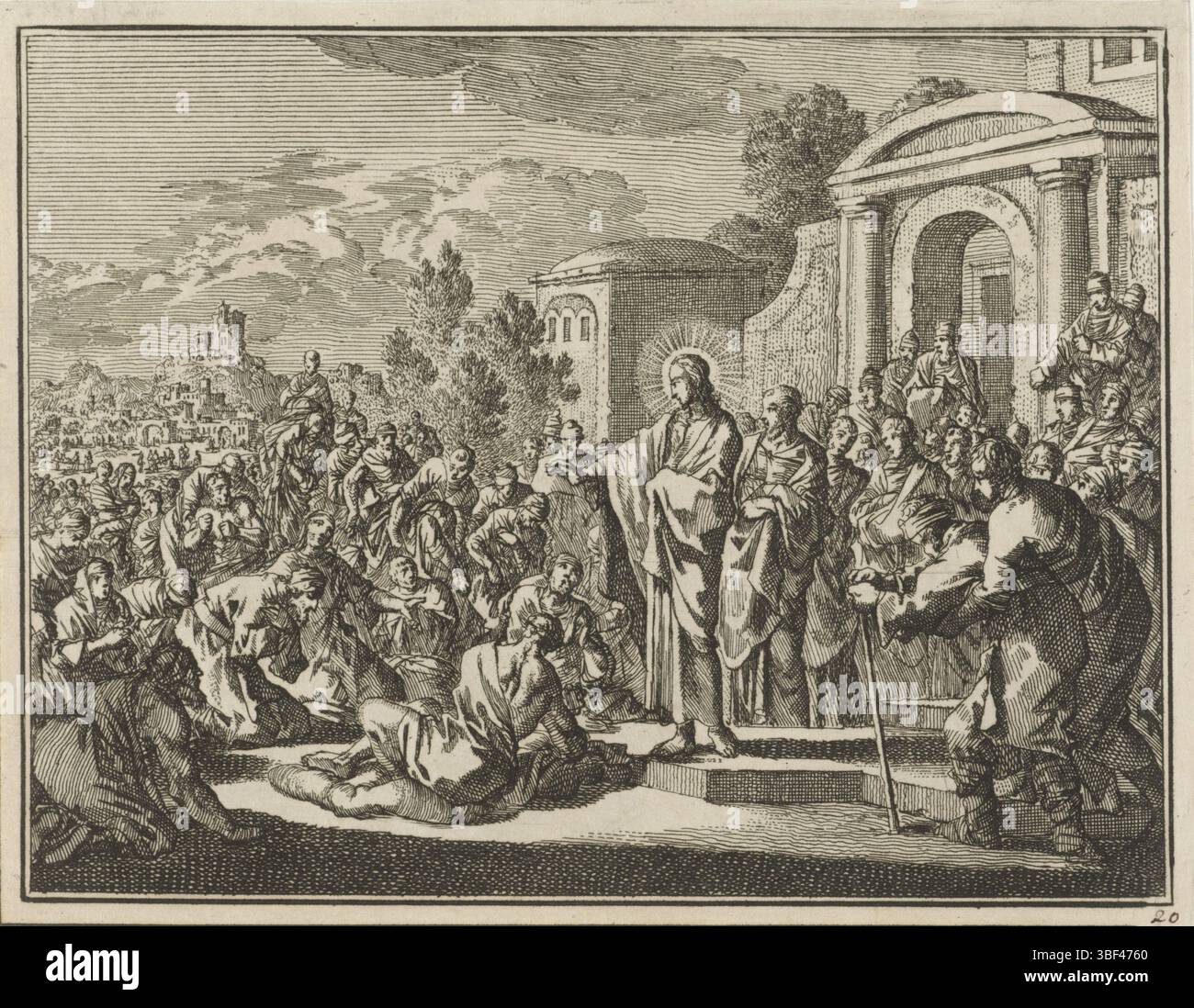 Amsterdam, Luyken, Jan, Christ Heals the Sick, Amsterdam, recto - écriture à l'encre brune, impression, verso - estampillé, 20, hauteur 118 mm, largeur 152 mm, Néerlandais du Nord, 1649-04-16 - 1712-04-05, graveur, 1712 - 1712, papier, gravure, gravure Banque D'Images