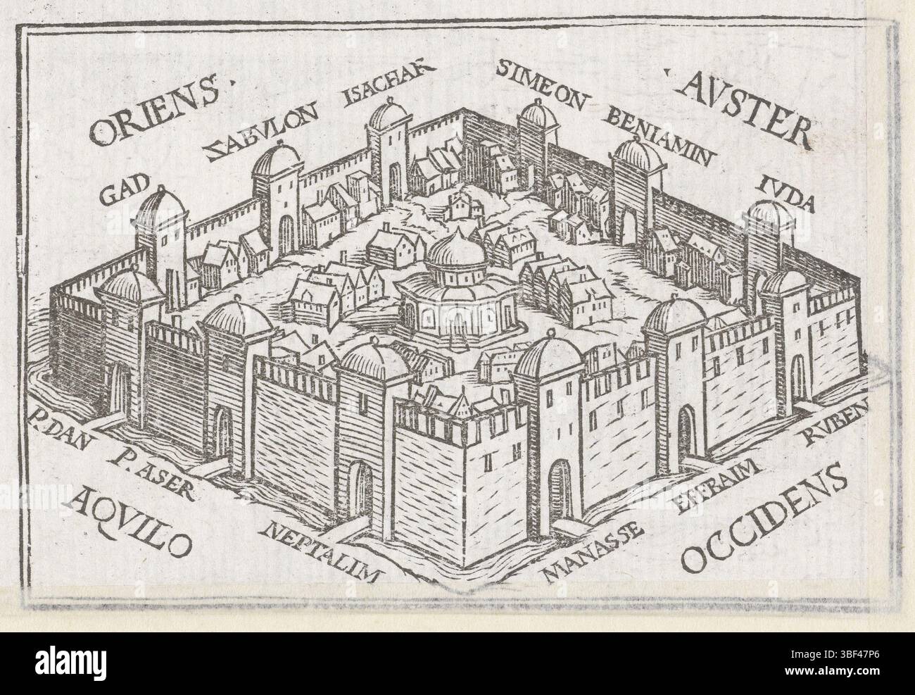 Specklin, Veit Rudolf, Holbein, Hans (II), ville céleste en vision d'Ezéchiel, la ville céleste avec le nouveau temple comme Ezéchiel le voit dans une vision. Les directions du vent sont indiquées, et aux portes sont les noms des tribus d'Israël. Dans la marge au-dessus de l'image est le texte Ezech. XLVII., impression, illustration de livre, impressions, hauteur 60 mm, largeur 85 mm, hauteur 79 mm, largeur 102 mm, allemand, 1498 - 1543-11-29, graveur, 1538 - 1538, deuxième quart 16ème siècle, papier, gravure sur bois, français - 1550, coupe-bloc Banque D'Images