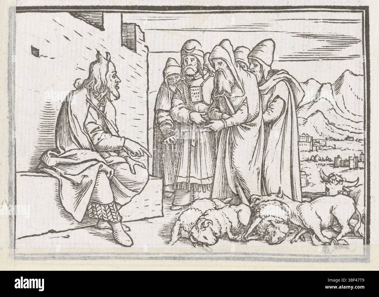 Specklin, Veit Rudolf, Holbein, Hans (II), Moïse enseigne aux prêtres, Moïse enseigne aux prêtres sur les sacrifices à Dieu dont ils peuvent manger. Moïse montre les moutons morts et le bétail couchés à ses pieds sur le sol et les prêtres écoutent son histoire. Dans la marge au-dessus de l'image se trouve le texte Devter XVIII [Deutéronome]., impression, illustration de livre, impressions, hauteur 60 mm, largeur 85 mm, hauteur 87 mm, largeur 99 mm, allemand, 1498 - 1543-11-29, graveur, 1538 - 1538, deuxième quart 16ème siècle, papier, gravure sur bois, français - 1550, coupe-bloc Banque D'Images