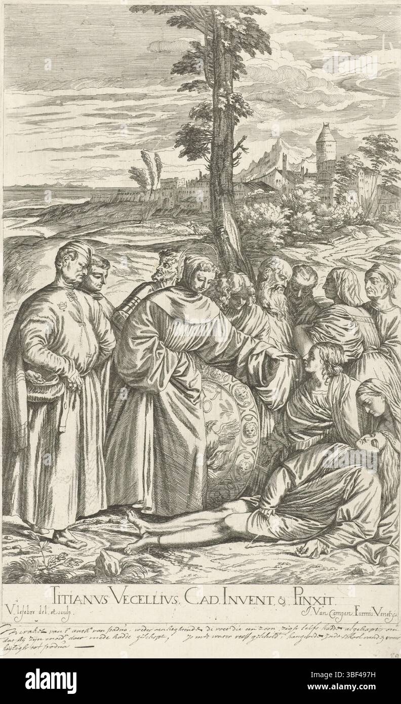 Venise, Campen, Jacobus van, Titien, Lefebvre, Valentin, Opera Selectiora, H. Antonius van Padoue guérit la jambe du fils remords, Venise, recto - manuscrit à l'encre noire, dans un paysage Saint Antonius de Padoue pousse miraculeusement la jambe d'un jeune homme cloué à la terre. Le jeune homme s'est coupé le pied dans une attaque de repentance après avoir donné des coups de pied à sa mère. Plusieurs spectateurs regardent ce miracle se dérouler. L'estampe fait partie d'une série de 53 tirages d'après des peintures de Titien et Véronèse., impression, verso - estampillé, 29, recto - écriture manuscrite au crayon, Mirakel van tot Padoue, largeur 277 mm, hauteur, 451 mm Banque D'Images Venise, Campen, Jacobus van, Titien, Lefebvre, Valentin, Opera Selectiora, H. Antonius van Padoue guérit la jambe du fils remords, Venise, recto - manuscrit à l'encre noire, dans un paysage Saint Antonius de Padoue pousse miraculeusement la jambe d'un jeune homme cloué à la terre. Le jeune homme s'est coupé le pied dans une attaque de repentance après avoir donné des coups de pied à sa mère. Plusieurs spectateurs regardent ce miracle se dérouler. L'estampe fait partie d'une série de 53 tirages d'après des peintures de Titien et Véronèse., impression, verso - estampillé, 29, recto - écriture manuscrite au crayon, Mirakel van tot Padoue, largeur 277 mm, hauteur, 451 mm Banque D'Images
