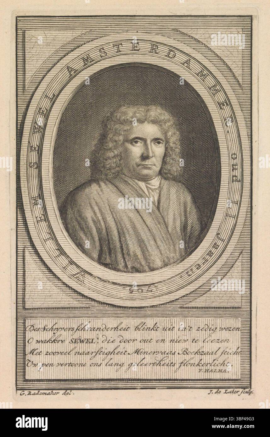Halma, François, Rademaker, Gerrit, plus tard, Jacob de, Portrait de Willem Sewel, verso - estampillé, Portraitbuste en ovale à droite de Willem Sewel, linguiste. Autour du portrait se trouve une écriture de bordure, sous une plaque avec un verset de quatre lignes en néerlandais., impression, hauteur 144 mm, largeur 91 mm, graveur, 1705 - 1705, papier, gravure, gravure (procédé d'impression), pays-Bas du Nord, 1672 - 1711, Rapporteur pour avis intermédiaire, après dessin par, 1653-01-03 - 1722-01-13, écrivain Banque D'Images