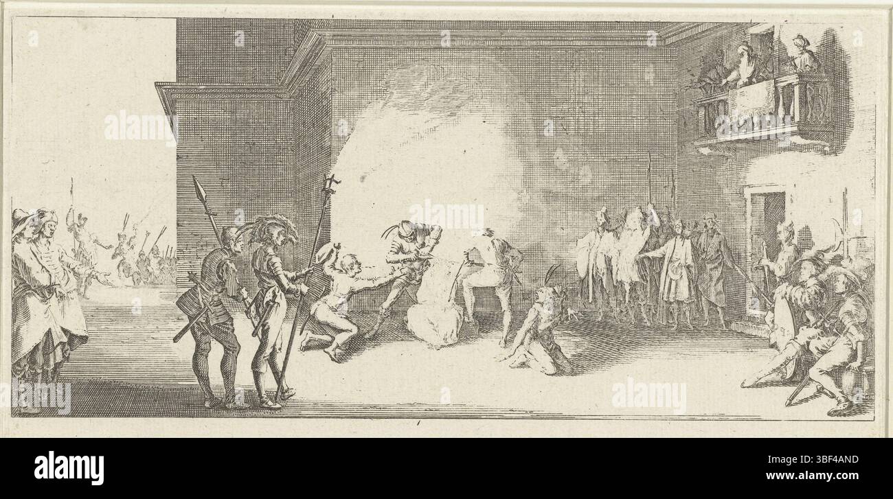 Callot, Jacques, Florence, Callot, la grande passion, couronne d'épines, sous la gauche - estampillé, les soldats poussent le Christ, assis devant un bâtiment, une couronne d'épines sur la tête. Trois hommes regardent depuis un balcon. Cette impression est une contre-impression (contre-épreuve) d'une impression qui fait partie de la série d'impressions inachevées 'de Grote passive', composée de 7 scènes de la Lijdverhaal., impression, hauteur 110 mm, largeur 214 mm, Frans, 1592-08-21 - 1635-03-24, graveur, 1619 - 1624, premier quart 17e siècle, papier, gravure, gravure (procédé d'impression), contre-preuve, contre-impression, travail conceptuel Banque D'Images