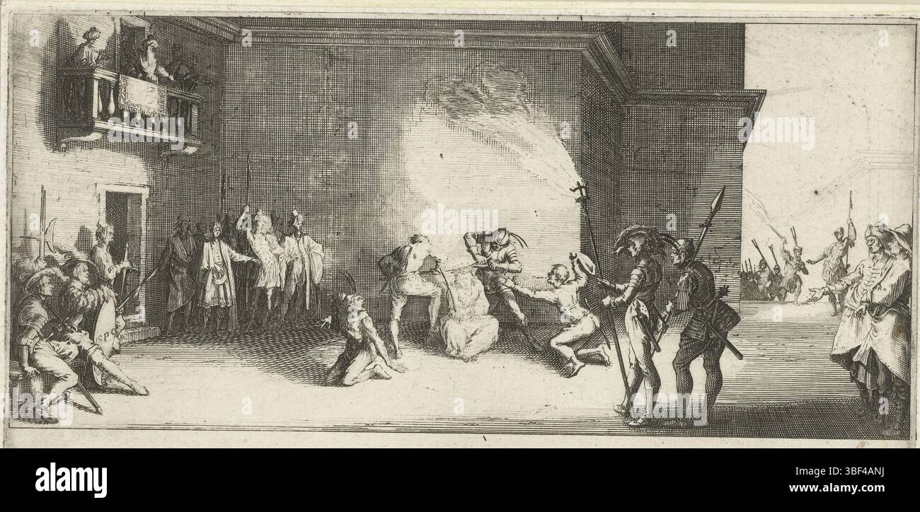 Callot, Jacques, Florence, Callot, la grande passion, couronne d'épines, sous la gauche - estampillé, les soldats poussent le Christ, assis devant un bâtiment, une couronne d'épines sur la tête. Trois hommes regardent depuis un balcon. Cette impression fait partie de la série inachevée 'de Grote passive', composée de 7 scènes de la Lijdverhaal., impression, hauteur 110 mm, largeur 214 mm, Frans, 1592-08-21 - 1635-03-24, graveur, 1619 - 1624, premier quart 17e siècle, papier, gravure, gravure (procédé d'impression), conception du travail, selon sa propre conception Banque D'Images