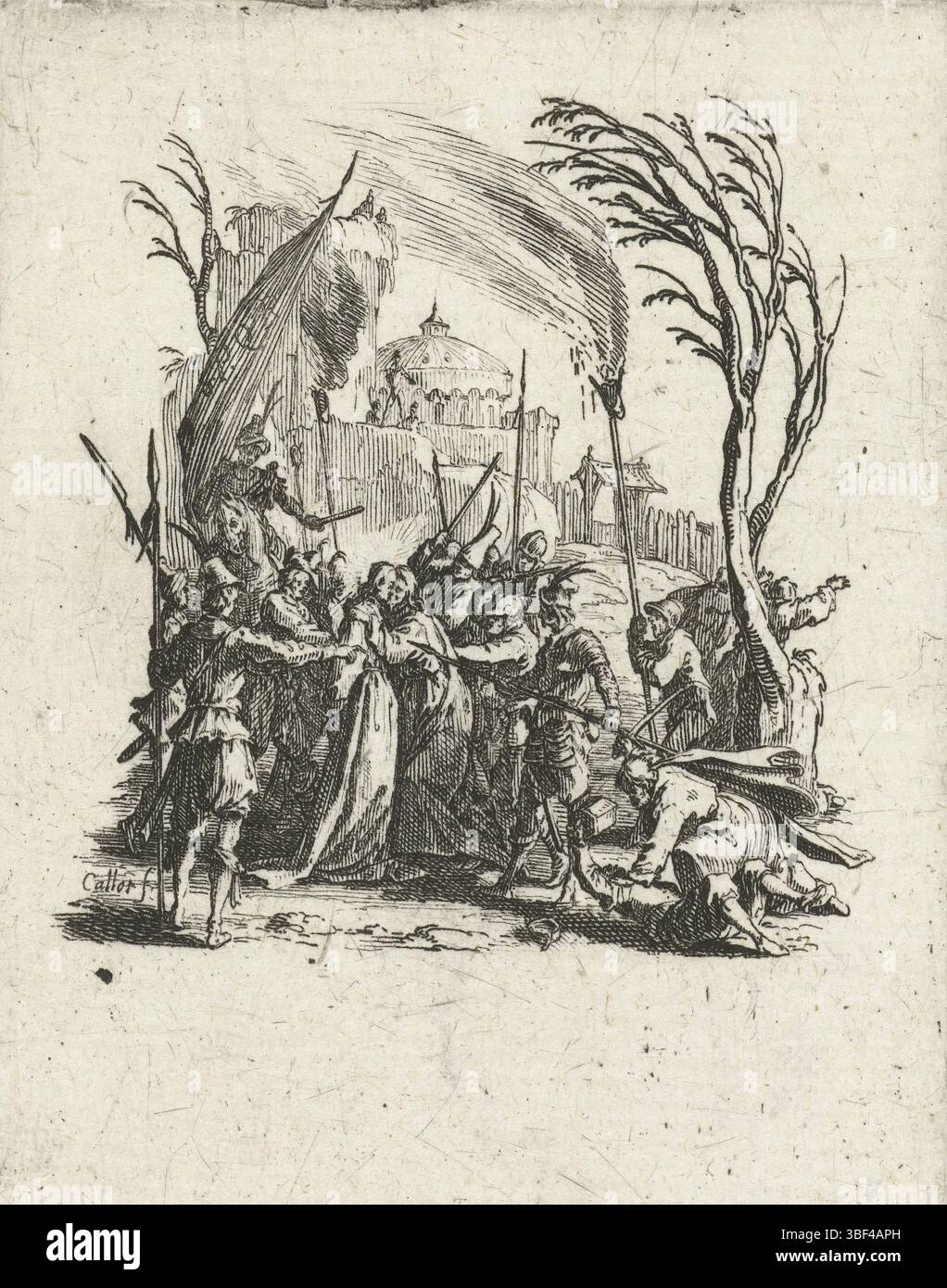 Callot, Jacques, Nancy, Callot, la petite passion, prison, verso en bas à gauche - estampillé, Christ est trahi par Judas avec un baiser. Les soldats sont prêts à emmener Christ avec eux. Cette estampe fait partie de la série 'de kleine passive', composée de 12 scènes de la Lijdverhaal., estampe, hauteur 77 mm, largeur 59 mm, Frans, 1592-08-21 - 1635-03-24, graveur, 1624 - 1625, premier quart 17e siècle, deuxième quart 17e siècle, papier, gravure, conception d'œuvres, selon son propre dessin Banque D'Images