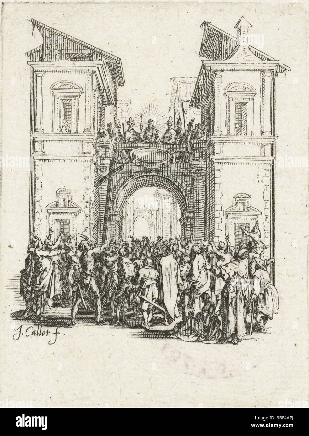 Callot, Jacques, Nancy, Callot, la petite passion, Christ montré au peuple (Ecce gay), verso en bas à gauche - estampillé, Christ est montré, debout sur une plate-forme d'un grand bâtiment, à une foule criante de gens. Cette estampe fait partie de la série 'de kleine passive', composée de 12 scènes du Lijdverstory., estampe, hauteur 76 mm, largeur 58 mm, français, 1592-08-21 - 1635-03-24, graveur, 1624 - 1625, premier quart 17e siècle, deuxième quart 17e siècle, papier, gravure, conception d'œuvres, Frans, selon sa propre conception Banque D'Images