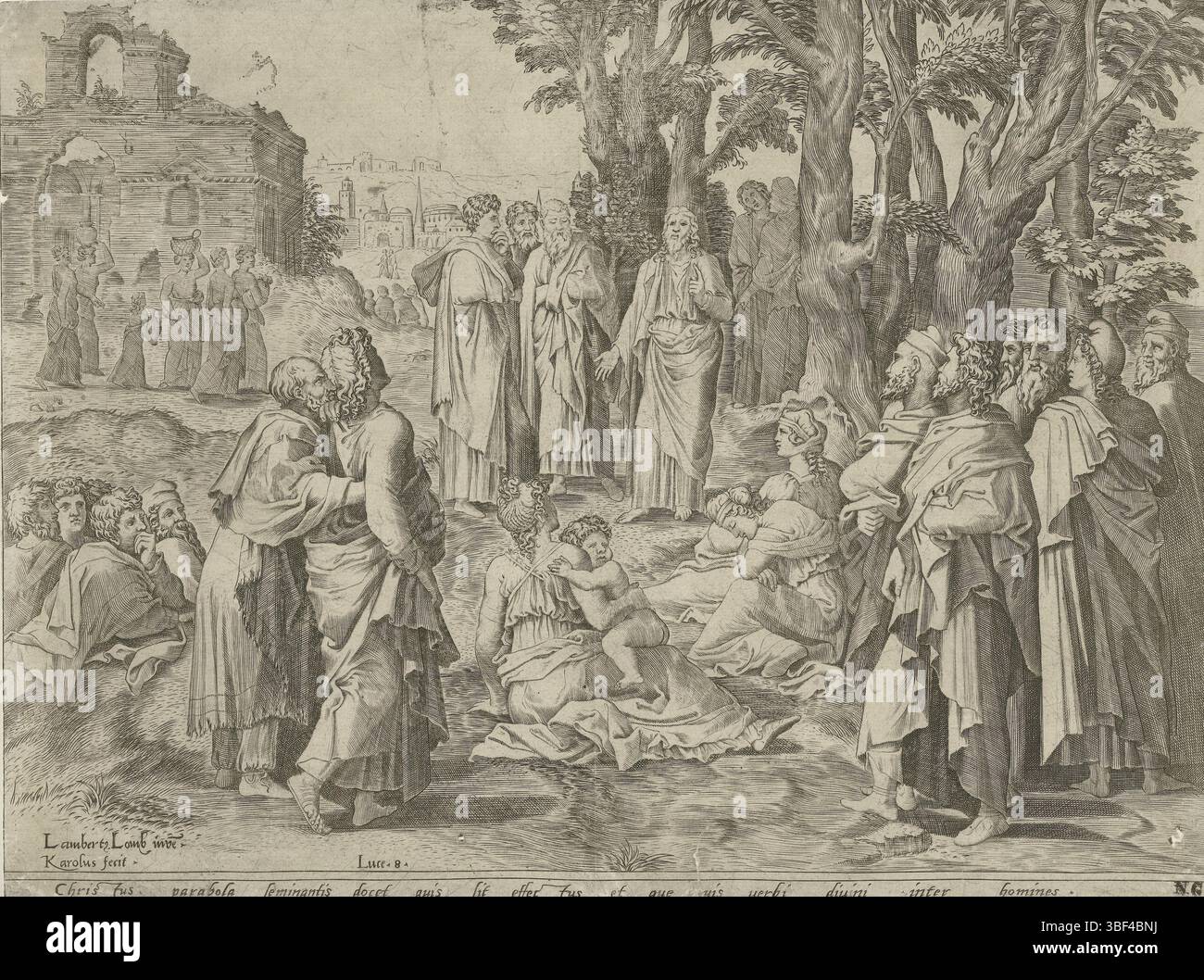 Lombard, Lambert, Karolus, Christ raconte la parabole du semeur, dans un paysage vallonné sous les arbres Christ raconte à de nombreux spectateurs la parabole du semeur (Luc 8). En arrière-plan, les gens peuvent également voir les contours d'une ville et d'une ruine. Au bas de l'explication du sujet de l'impression en latin., impression, hauteur 233 mm, largeur 307 mm, imprimeur, 1540 - 1560, papier, gravure, gravure (procédé d'impression), conception de travaux, néerlandais du Sud, 1506 - 1566 Banque D'Images