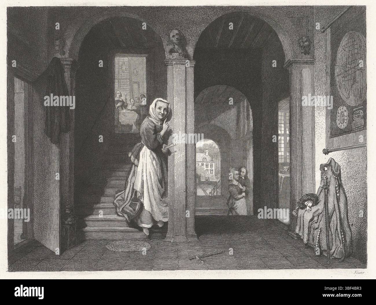 Maes, Nicolaes, Kaiser, Johann Wilhelm (I), maîtres néerlandais, écoute clandestine, verso - estampillé, intérieur avec une fille qui descend les escaliers. La jeune fille a un verre dans la main gauche et tient la main droite levée pour la bouche en signe de silence. Elle regarde le couple dans le couloir. Dans le couloir, il y a une carte du monde des bâtons. L'estampe fait partie d'une série de 25 estampes à des maîtres hollandais. Au-dessus de l'image : PL XI., impression, hauteur 172 mm, largeur 216 mm, néerlandais, 1813-01-05 - 1900-11-29, imprimeur, 1823 - 1900, papier, chine collé, gravure, Nord des pays-Bas, 1634-01 - 1693-11-24' Banque D'Images