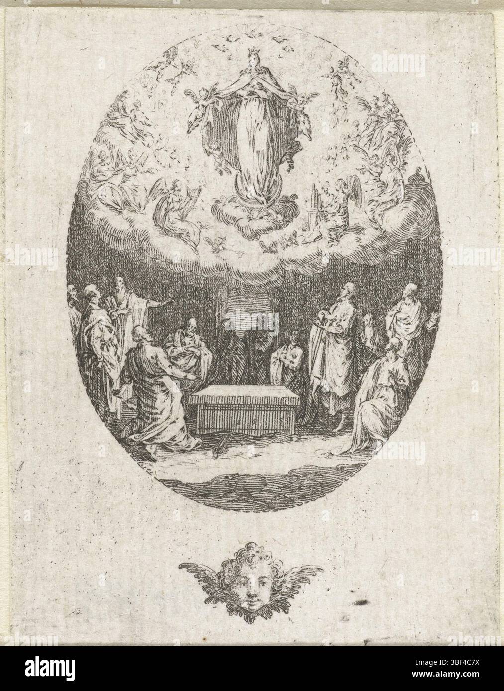 Florence, Callot, Jacques, Ascension de Marie, image ovale des apôtres debout autour d'une tombe et levant les yeux, où Marie est absorbée au ciel par les anges. Ci-dessous est une tête d'ange avec des ailes., impression, hauteur 66 mm, largeur 52 mm, français, 1592-08-21 - 1635-03-24, graveur, 1611 - 1622, premier quart 17e siècle, papier, gravure, gravure Banque D'Images