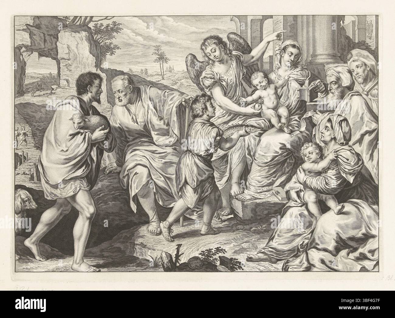 Italie, Palma, Jacopo (il Vecchio), Italie, Bonifazio Veronese, Amsterdam, Falck, Jeremiahs, la sainte famille en compagnie d'autres, verso - estampillé, dans un paysage montagneux Maria est assise avec Christ sur ses genoux. Elle lit dans un livre, tandis qu'un ange Christ présente une pomme et Tobias lui montre un poisson. Joseph parle à un homme avec un agneau dans les bras, et Elisabeth a son fils Jean sur ses genoux. Derrière Elisabeth sont deux pèlerins., impression, hauteur 293 mm, largeur 407 mm, 1609 - 1677-02-07, graveur, 1655 - 1677, papier, gravure, gravure (procédé d'impression), 1487 - 1553-10-19, après, après peinture par, je Banque D'Images