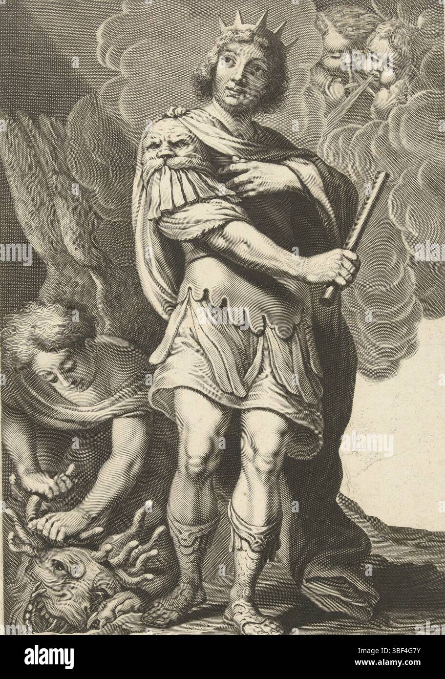 France, Vignon, Claude, Paris, Falck, Jérémie, les quatre royaumes, Romains - Empereur Auguste, France, verso - estampillé, Empereur Auguste se tient avec la couronne et l'état-major de commandement à côté d'un monstre vaincu par un ange. Souffler en haut à droite les quatre directions du vent., imprimer, hauteur 317 mm, largeur 220 mm, 1609 - 1677-02-07, graveur, 1645 - 1645, papier, gravure, gravure (procédé d'impression), conception de l'œuvre, français, 1593 - 1670-05-10 Banque D'Images