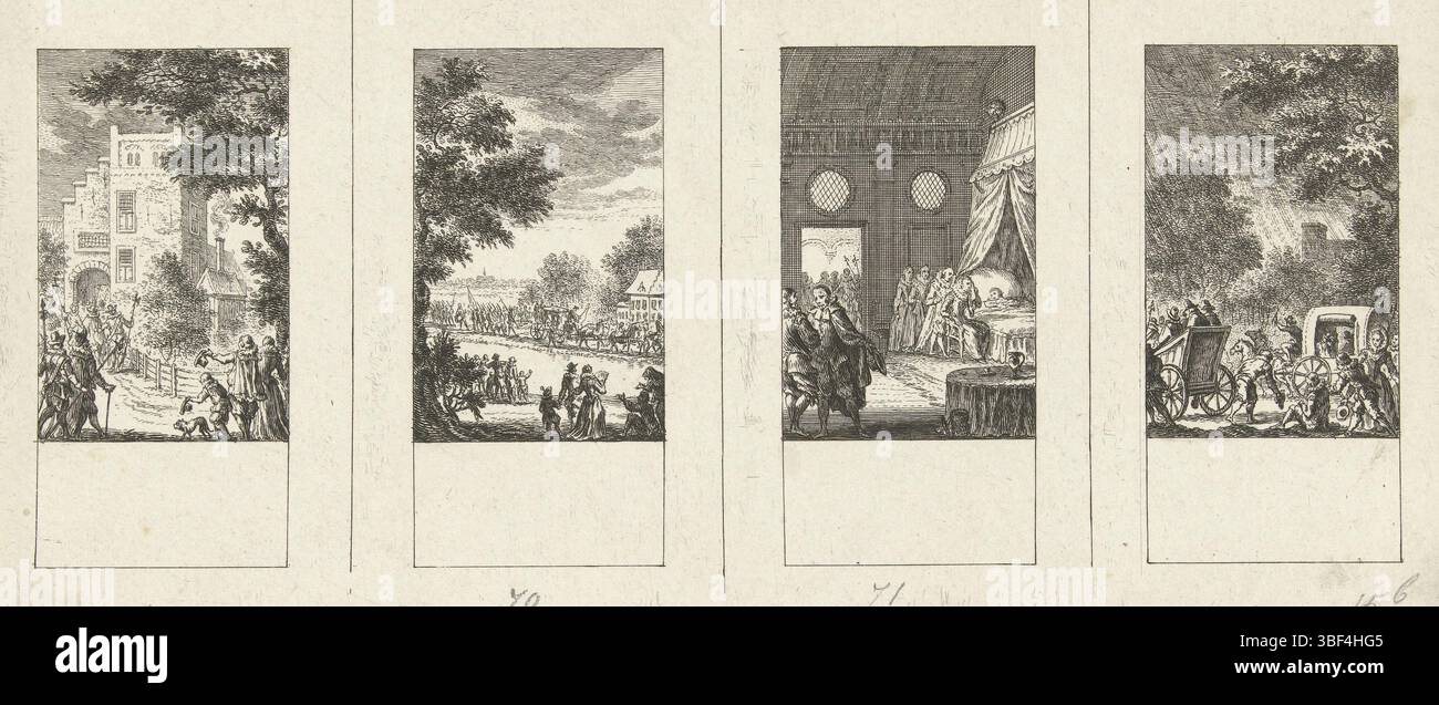 Amsterdam, Fokke, Simon, illustrations de l'histoire néerlandaise, quatre épisodes de l'histoire néerlandaise, Amsterdam, recto - écriture manuscrite au crayon, magazine incirconcis avec quatre représentations de l'histoire néerlandaise. De gauche à droite : Rombout Hogerbeets et Hugo de Groot transférés à l'écluse de Loevestein ; Stadhouder Frederik Hendrik accueille Marie de Médicis en Hollande ; décès de Frederik Hendrik, Prince d'Orange ; existence officielle., print, verso - estampillé, 63, 70, 71, 62, hauteur 112 mm, largeur 249 mm, Nord des pays-Bas, 1712-09-01 - 1784-04-10, graveur, 1722 - 1784, papier, gravure, gravure Banque D'Images