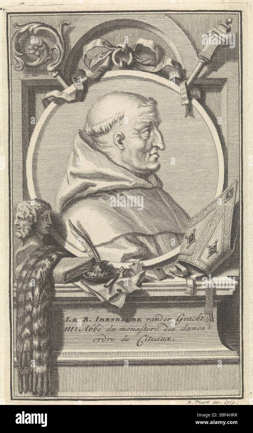 Amsterdam, Picart, Bernard, Amsterdam, Portrait de H. Idesbald, verso en bas à droite - estampillé, Portrait de Idesbald Van der Gracht, moine, canon et saint flamand. Sur le piédestal la mitre de l'évêque, une encrier avec ressort d'écriture, et un Januskop., impression, hauteur 143 mm, largeur 87 mm, néerlandais du Nord, 1673-06-11 - 1733-05-08, graveur, 1714 - 1714, premier quart du XVIIIe siècle, papier, gravure, gravure (procédé d'impression), conception de travaux, 1673-06-11 - 1733-05-08 Banque D'Images