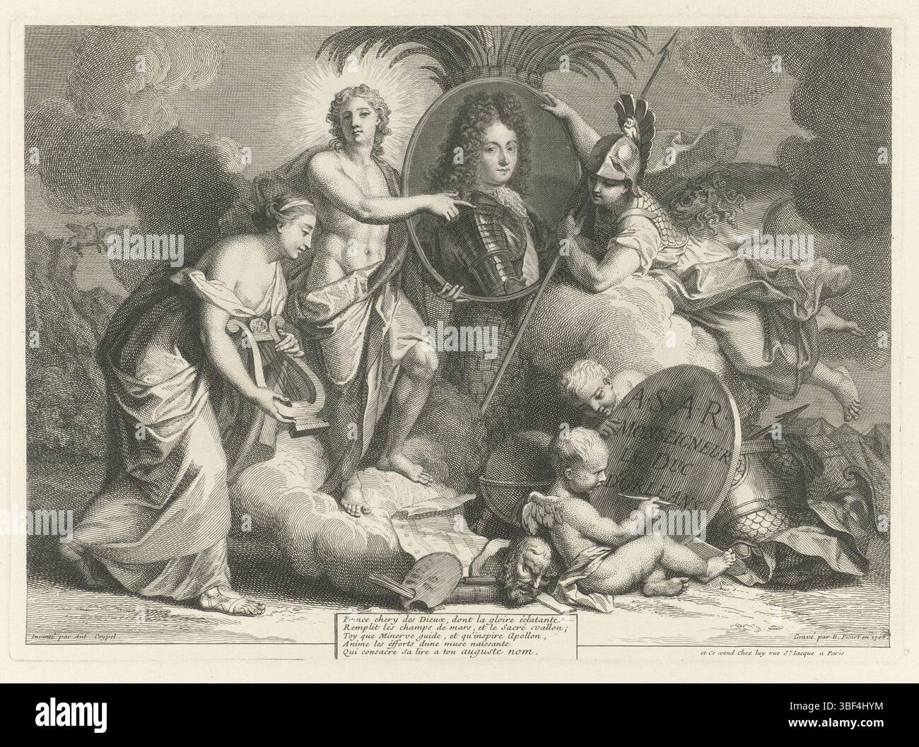Paris, Picart, Bernard, Coypel, Antoine, Paris, portrait allégorique de Philippe II, duc d'Orléans, verso en bas à droite - estampillé, Portrait de Philippe II, pour un palmier. Le portrait est entouré par Apollon, Minerve et une muse, avec un treuil à la main. Au premier plan, des attributs qui symbolisent les arts et la science et un putto qui écrit le nom du duc sur un bouclier. Gauche dans le fond Pegasus vole. Dans le cadre d'une légende de six lignes en français., impression, hauteur 225 mm, largeur 312 mm, nord-néerlandais, 1673-06-11 - 1733-05-08, graveur, 1706 - 1706, premier quart du xviiie siècle, papier, e-18h00 Banque D'Images