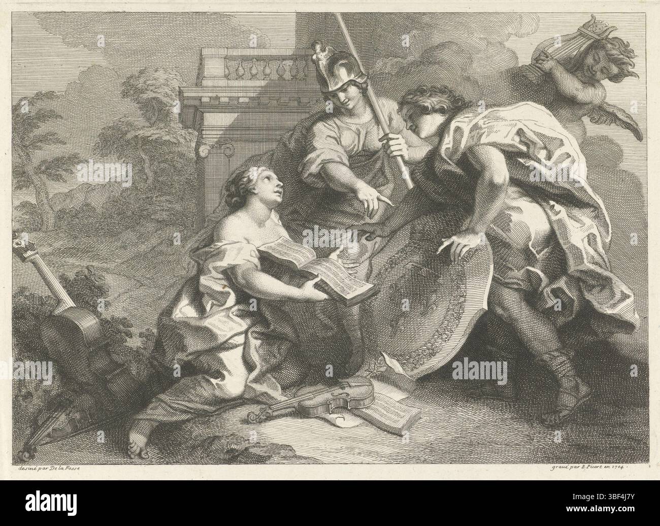 Lafosse, Charles de, Paris, Picart, Bernard, paysage avec Hearing( ?), verso en bas à gauche - estampillé, un livre de chansons ouvert en main. A ses pieds divers instruments à cordes. Elle admire un soldat qui lui tend la main. Minerve fait référence aux armoiries de Philippe II d'Orléans. En arrière-plan un putto avec un treuil à la main., impression, hauteur 214 mm, largeur 295 mm, nord-néerlandais, 1673-06-11 - 1733-05-08, graveur, 1704 - 1704, premier quart du xviiie siècle, papier, gravure, gravure (procédé d'impression), 1636-06-15 - 1716-12-13, dessinateur intermédiaire Banque D'Images