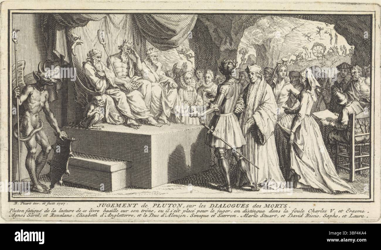 Picart, Bernard, Amsterdam, Picart, Judgment de Pluton, sur les dialogues des morts, jugement de Pluton, verso en bas à droite - estampillé, Pluton, le Dieu des enfers, est assis sur son trône pour juger les âmes du défunt. Une procession de personnes historiques décédées - dont Erasmus - s'est réunie pour lui. En arrière-plan le Tartarus, la partie du monde souterrain où les damnés sont punis. Dans la marge une légende de deux lignes en français., impression, illustration de livre, impressions, hauteur 77 mm, largeur 132 mm, Noord-Nederlands, 1673-06-11 - 1733-05-08, graveur, 1727 - 1727, deuxième quart 18ème cent Banque D'Images
