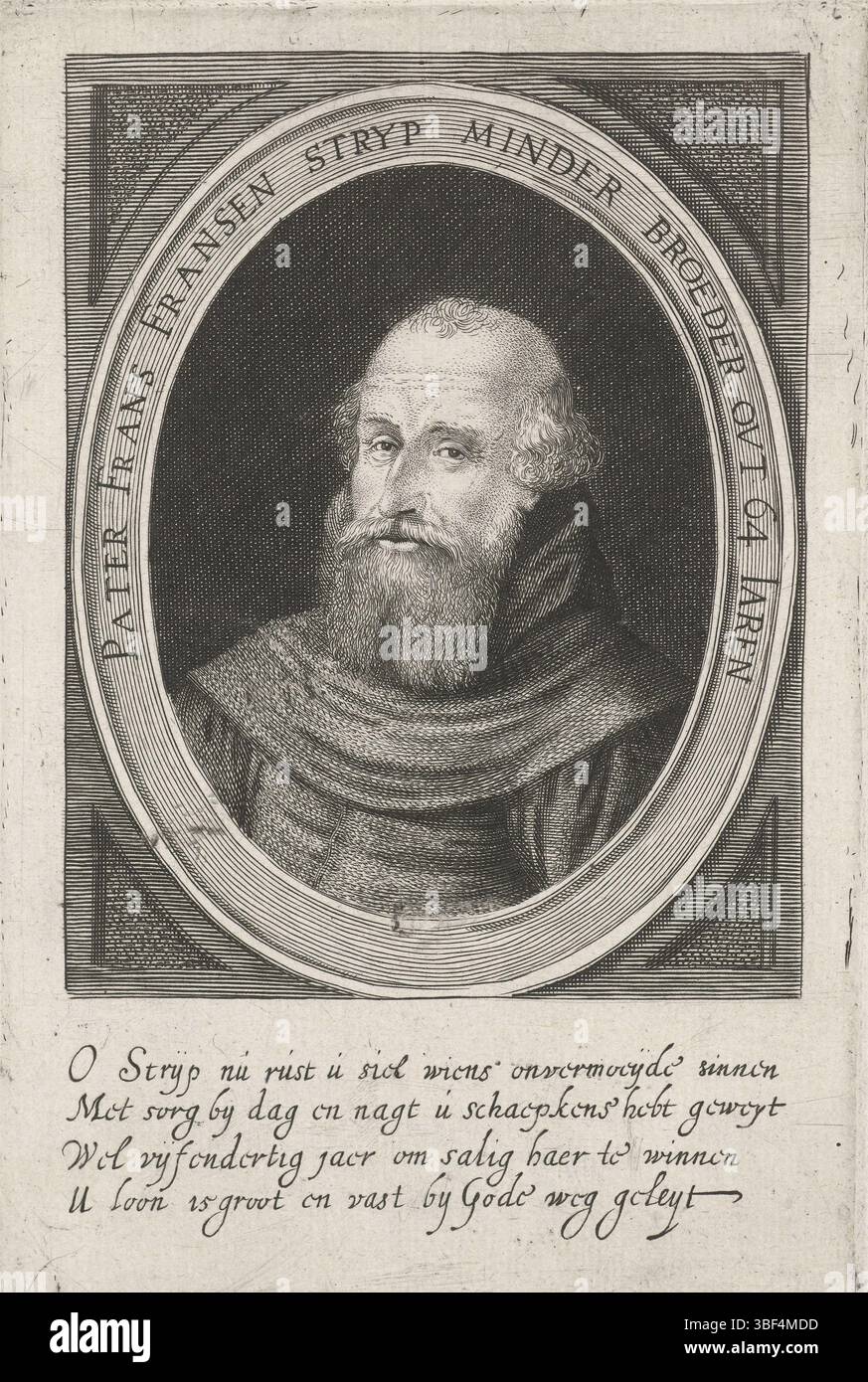 Anvers, Fruytiers, Philip, Portrait de Franciscus Strijp, Anvers, Portraitbuste à droite de moins frère Franciscus Strijp, en ovale avec écriture de bordure. Dans la marge sous le portrait un texte de quatre lignes en néerlandais., impression, hauteur 161 mm, largeur 106 mm, 1610-01-10 - 1666-06-19, graveur, 1620 - 1666, papier, gravure, gravure, gravure (processus d'impression), écrivain Banque D'Images