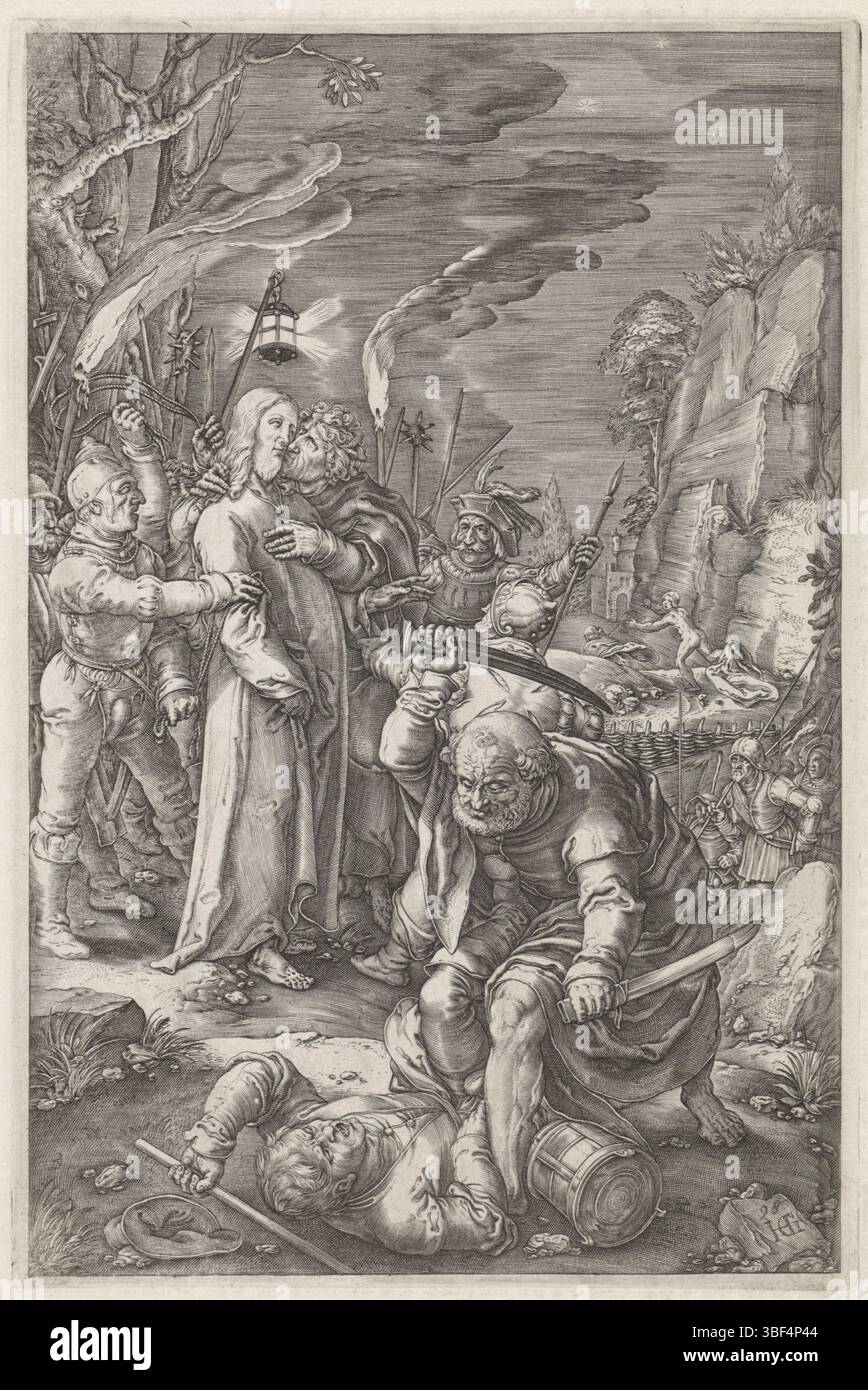Goltzius, Hendrick, pays-Bas, de Passie, prison du Christ, verso - estampillé, Christ est capturé par des soldats dans la cour de Gethsémani. Judas l'embrasse sur la joue. Au premier plan Petrus Malchus coupe une oreille., impression, hauteur 199 mm, largeur 133 mm, graveur, 1598 - 1598, papier, gravure, gravure (procédé d'impression), conception de travaux, pays-Bas du Nord, 1558-01 - 1617-01-01, à partir de, 1597 - 1667 Banque D'Images