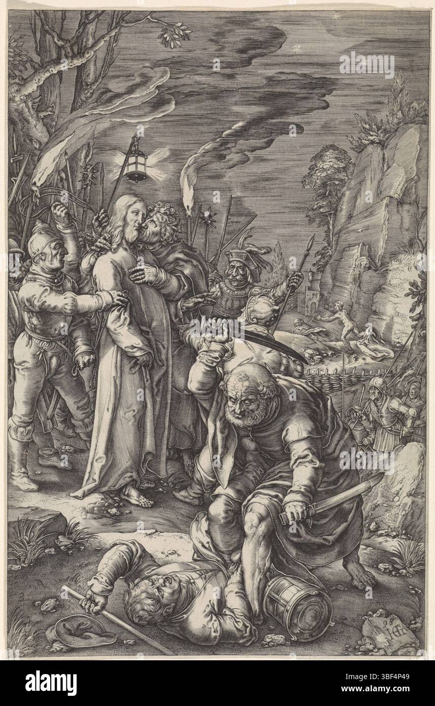 Goltzius, Hendrick, pays-Bas, de Passie, prison du Christ, verso - estampillé, Christ est capturé par des soldats dans la cour de Gethsémani. Judas l'embrasse sur la joue. Au premier plan Petrus Malchus coupe une oreille., impression, hauteur 196 mm, largeur 129 mm, graveur, 1598 - 1598, papier, gravure, gravure (procédé d'impression), conception de travaux, Noord-Nederlands, 1558-01 - 1617-01-01, naar print van, 1597 - 1667 Banque D'Images