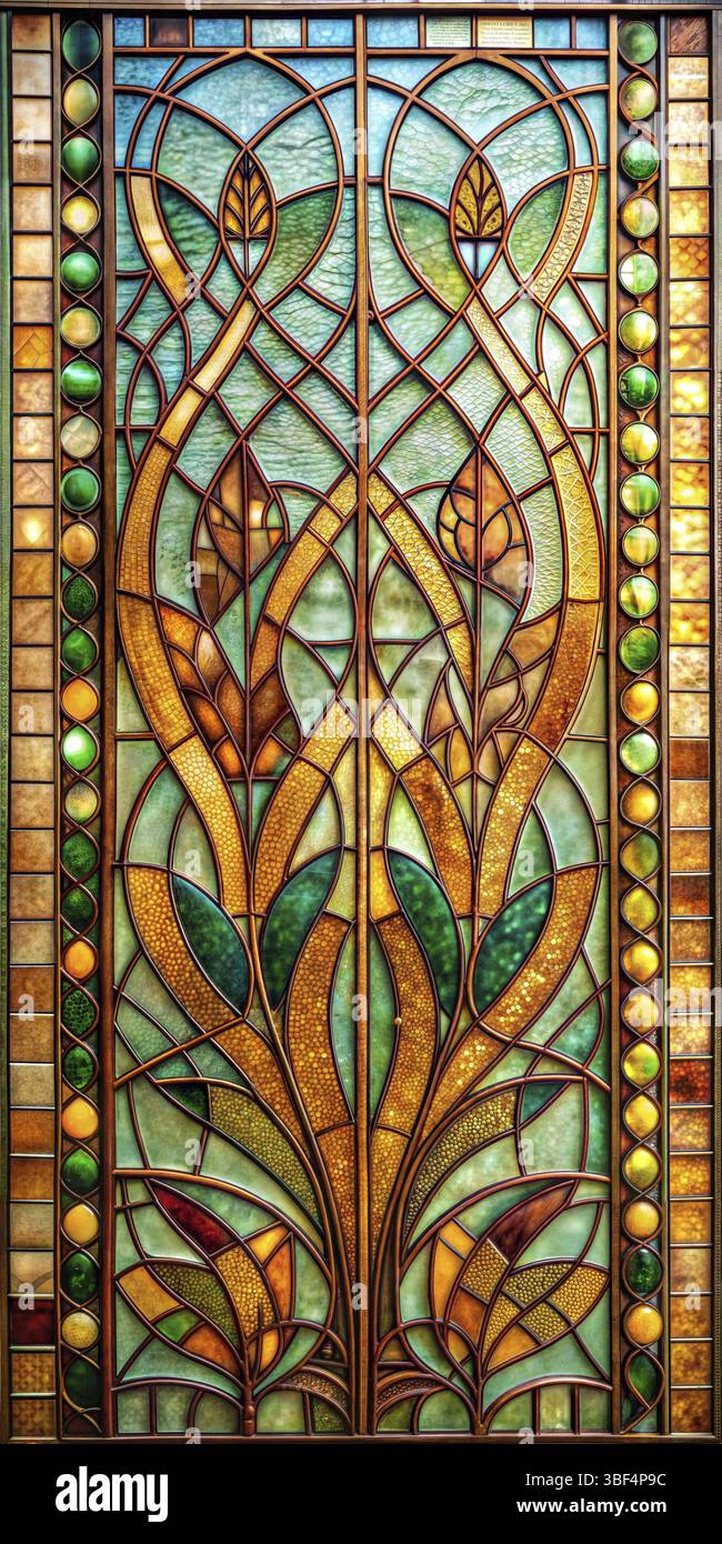 Vitrail avec design botanique dans le style Art Nouveau. Couleurs principales : vert, jaune, marron, avec des éléments d'or et d'orange. Éléments centraux Banque D'Images