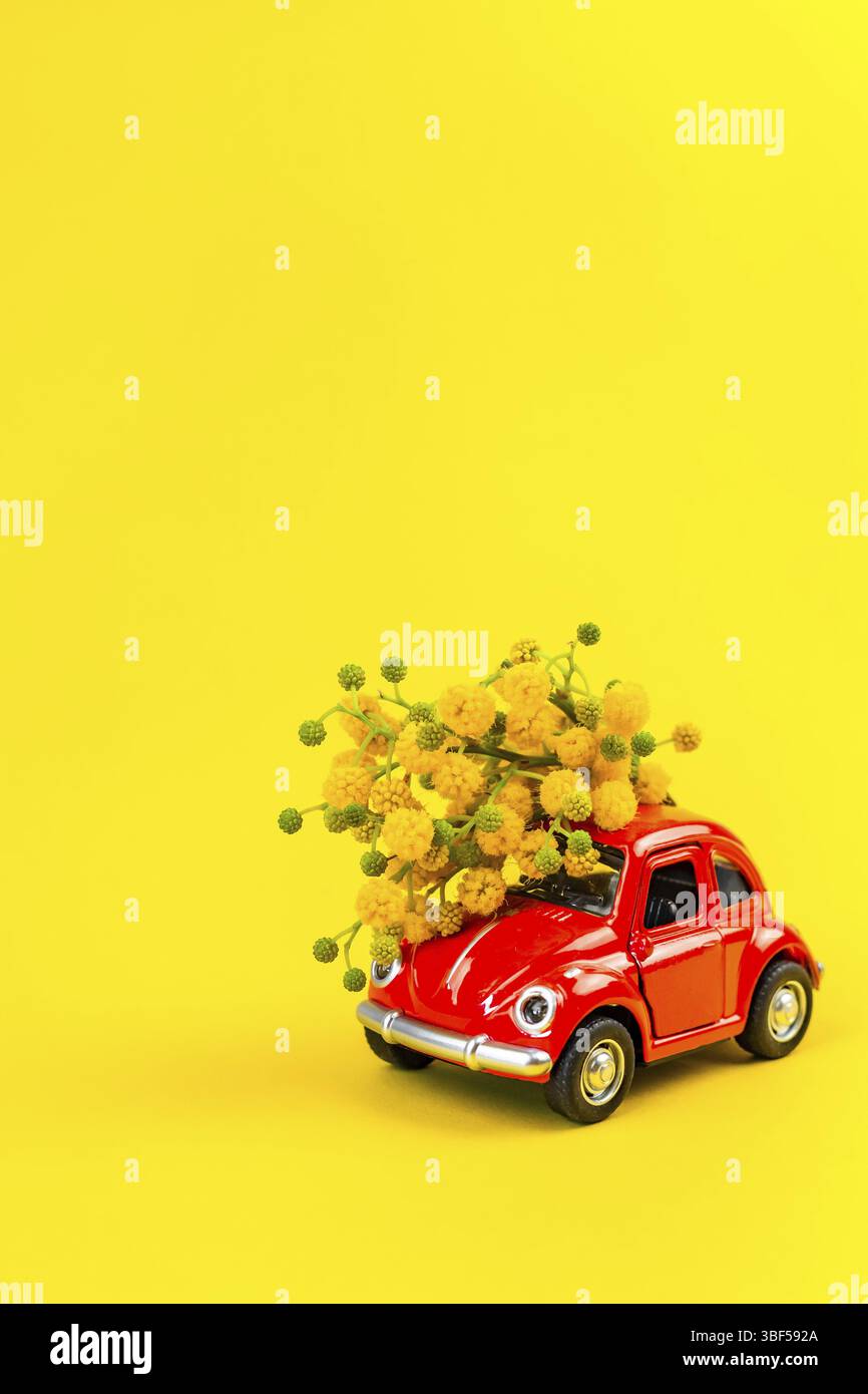 Moscou, Russie - le 23 février 2019 : 8 mars Journée internationale de la femme carte avec toy voiture rétro modèle de livrer bouquet de fleurs mimosa sur jaune Banque D'Images