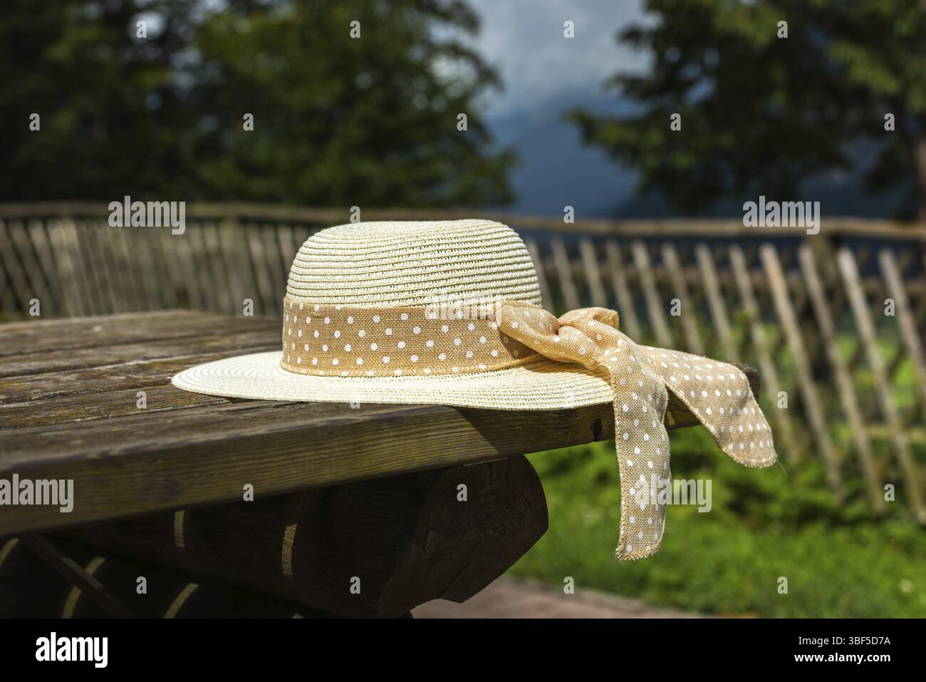 L'été des femmes hat pose sur les table rustique en bois. Selective focus shot Banque D'Images