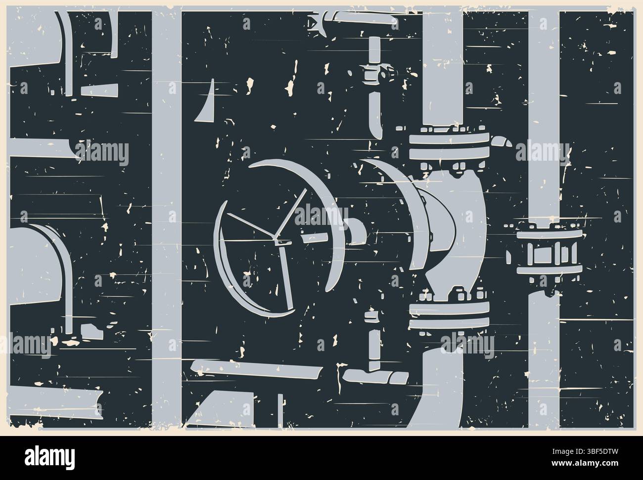 Illustrations vectorielles stylisées de vannes industrielles et de tuyaux en gros plan dans un style poster rétro Illustration de Vecteur