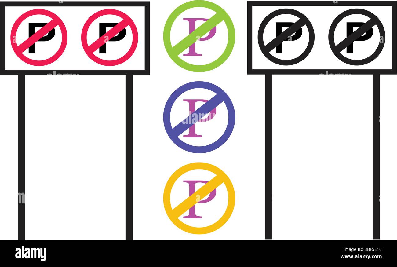 Panneau de signalisation pour l'interdiction de stationnement, l'interdiction d'entrée et symboles d'avertissement pour la carte urbaine et la conception imprimée. Illustration de Vecteur