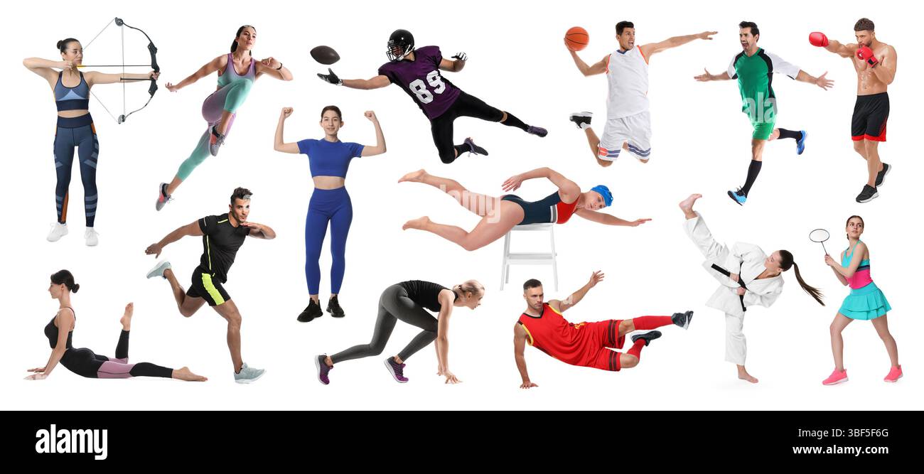 Les gens engagés dans différentes activités sportives sur fond blanc, collage Banque D'Images