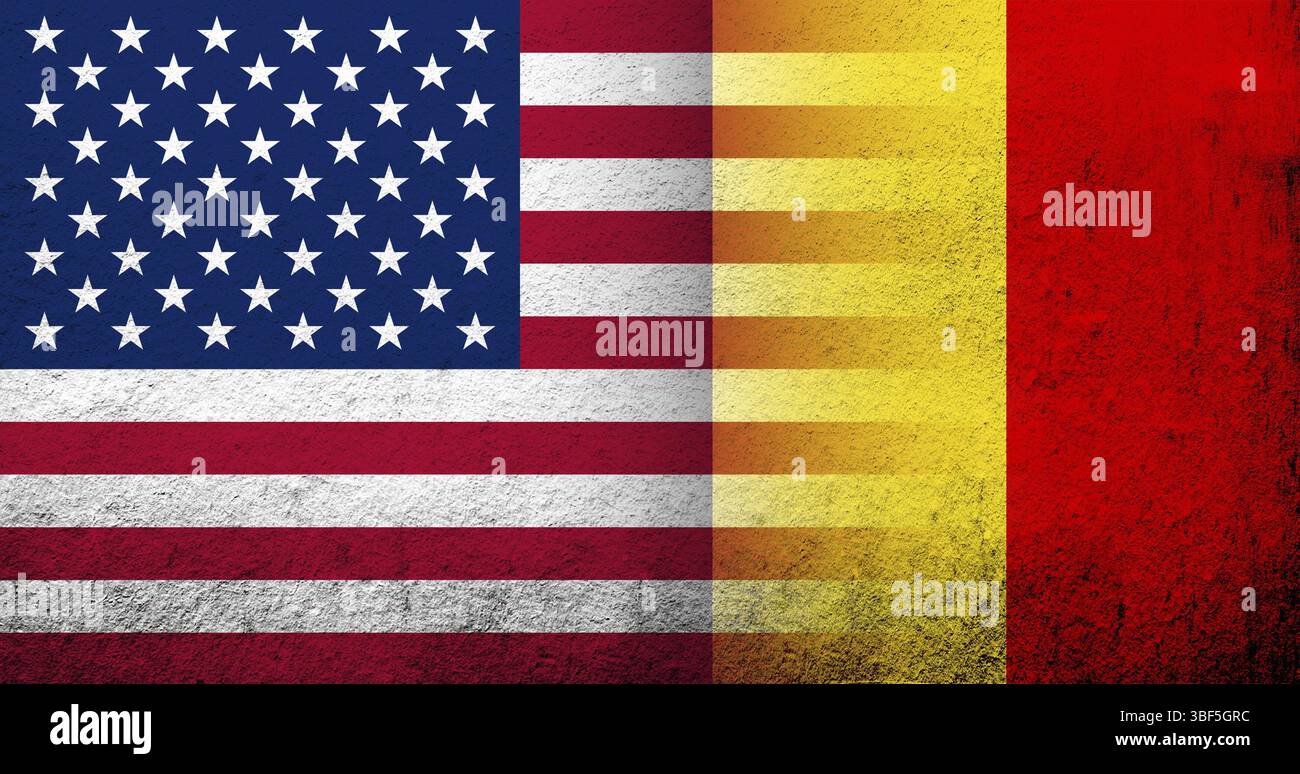 Drapeau national des États-Unis d'Amérique (USA) avec drapeau national du Royaume de Belgique. Grunge l'arrière-plan Banque D'Images