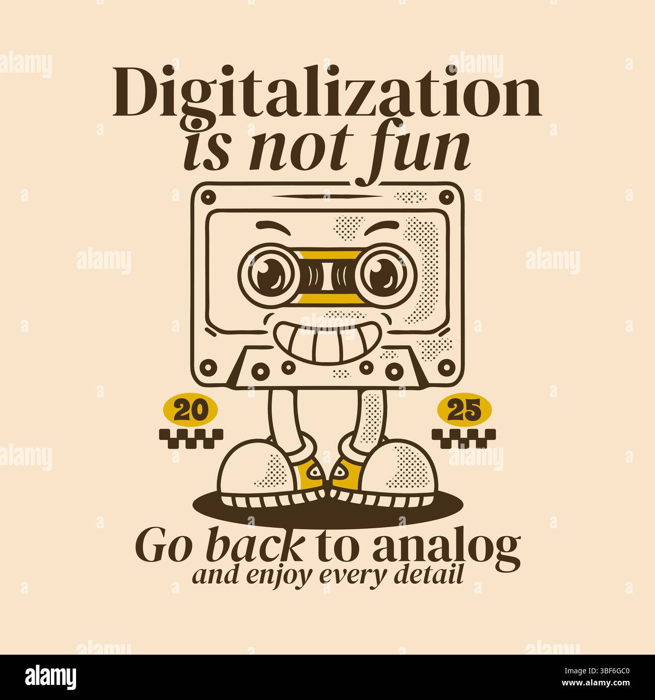 Mascotte cassette cassette tape avec jambe, en posture debout avec visage souriant. La numérisation n'est pas amusante Illustration de Vecteur