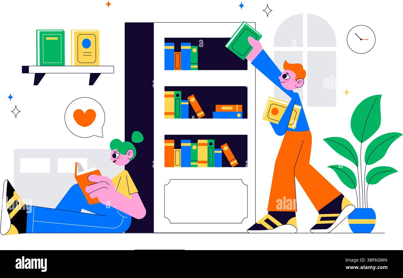 Librairie illustration vectorielle présentant une salle de bibliothèque scolaire pour l'étude, la lecture, l'éducation, le développement personnel et la littérature dans un fond plat Illustration de Vecteur