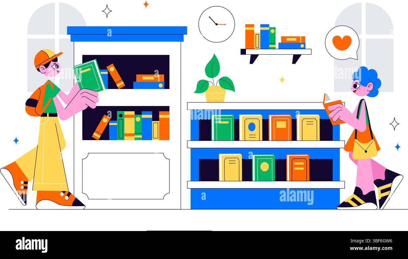Librairie illustration vectorielle présentant une salle de bibliothèque scolaire pour l'étude, la lecture, l'éducation, le développement personnel et la littérature dans un fond plat Illustration de Vecteur