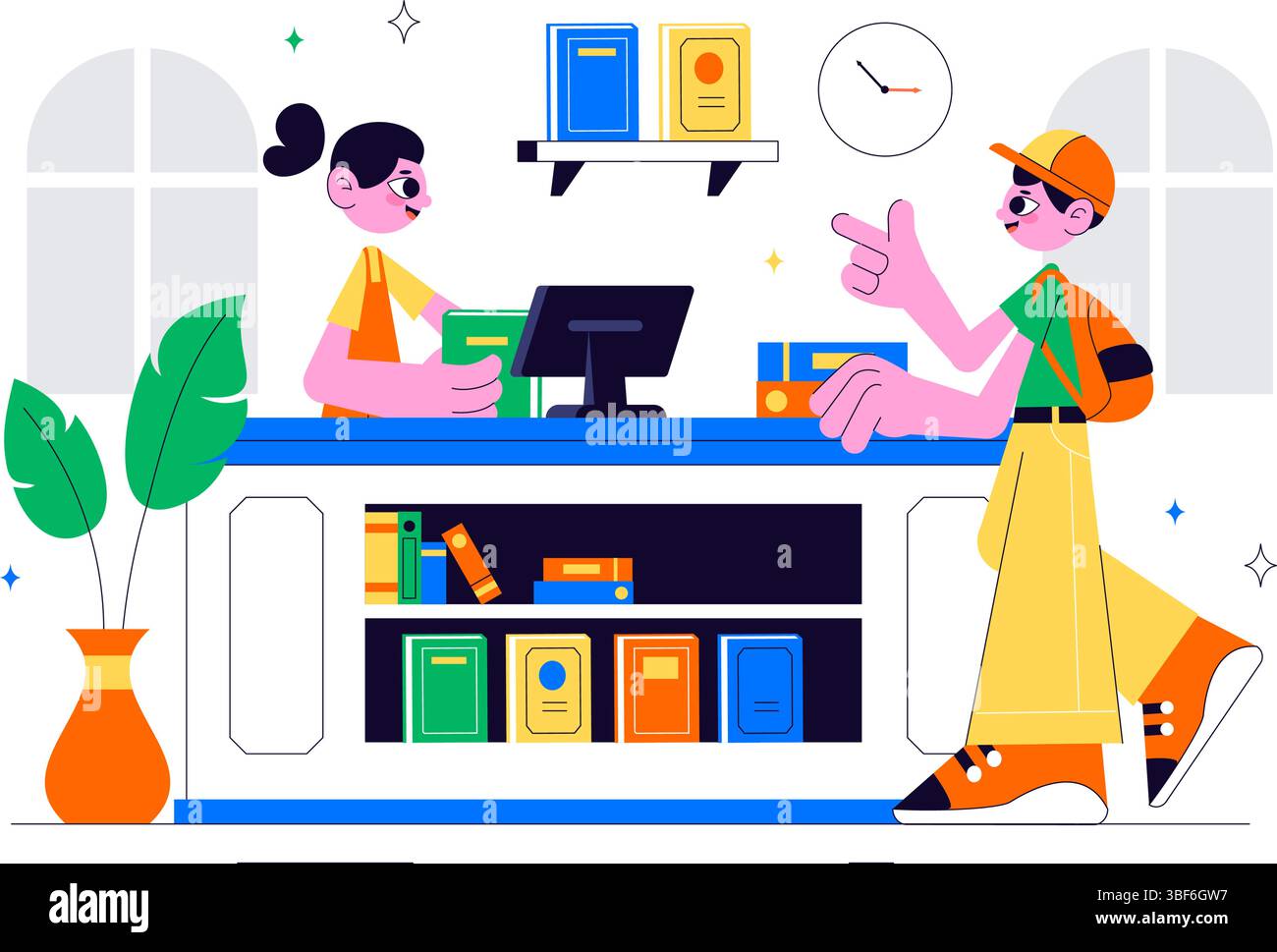 Librairie illustration vectorielle présentant une salle de bibliothèque scolaire pour l'étude, la lecture, l'éducation, le développement personnel et la littérature dans un fond plat Illustration de Vecteur