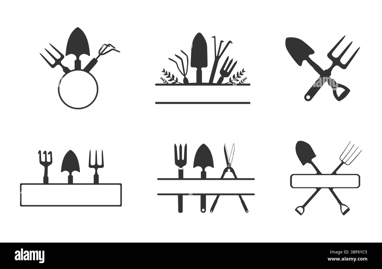 Cadre de monogramme divisé de jardin svg, monogramme svg d'outils de jardin, monogramme d'outils de jardin, logo d'outils de jardinage, vecteur de monogramme divisé de jardin. Illustration de Vecteur