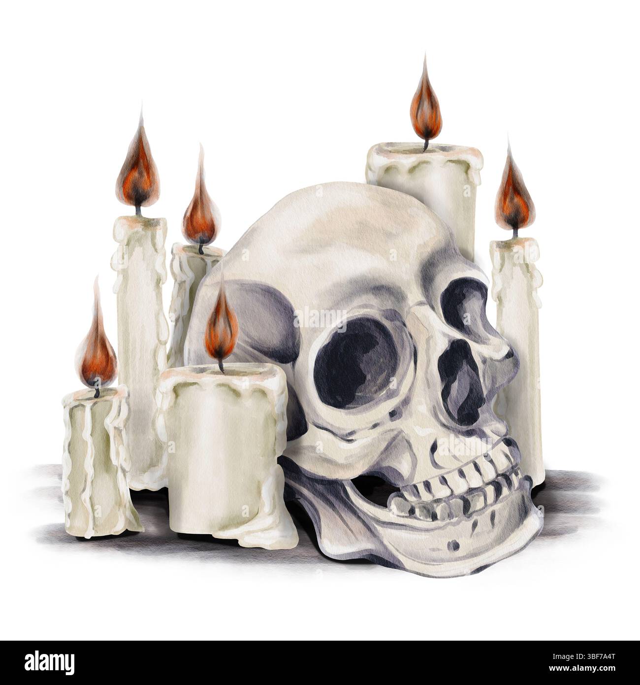 Le crâne humain repose sur l'autel. Il y a beaucoup de bougies autour d'elle. Ils brûlent avec le feu. Autel, magie noire. Halloween ou jour des morts. Aquarelle Banque D'Images