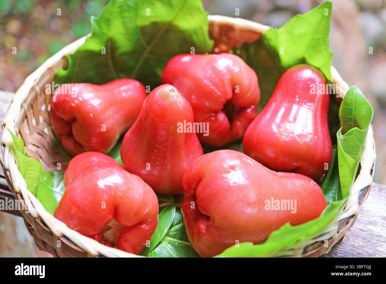 Tas de fruits de goyave à peau cirée rouge éclatante dans un panier Banque D'Images