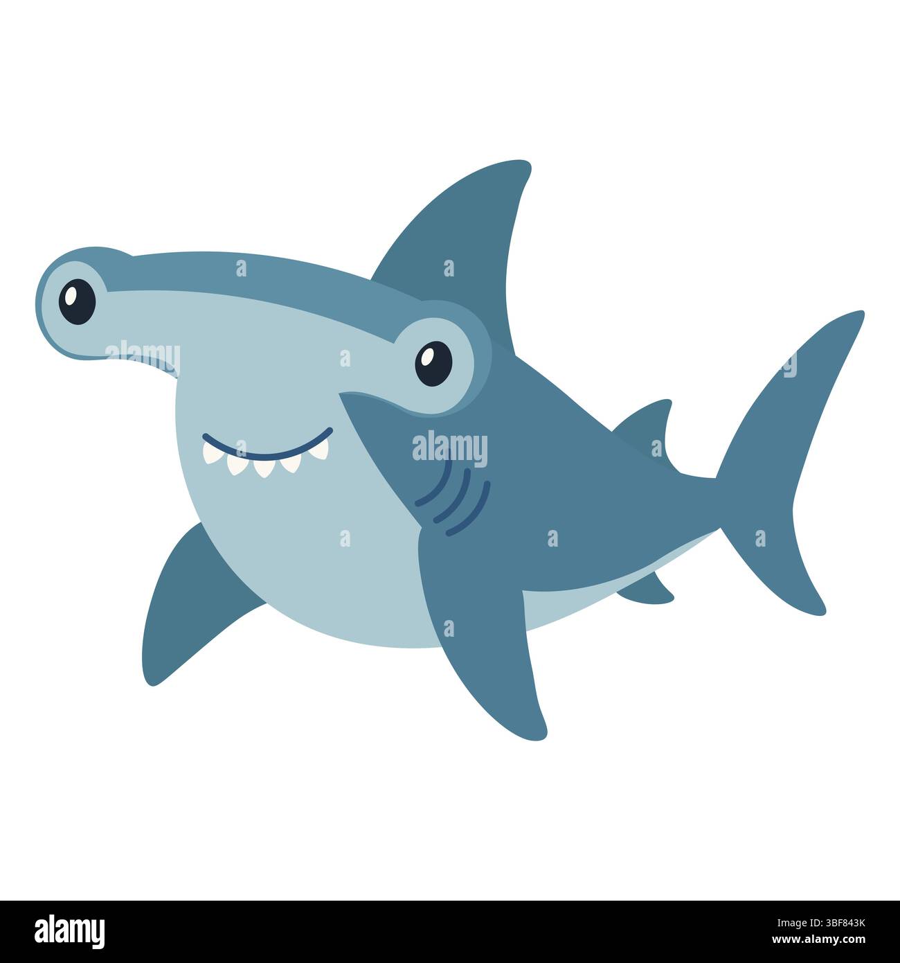 Une représentation ludique et adorable d'un requin marteau, avec un grand sourire, des tons bleus doux et des formes arrondies. Parfait pour les des enfants Illustration de Vecteur