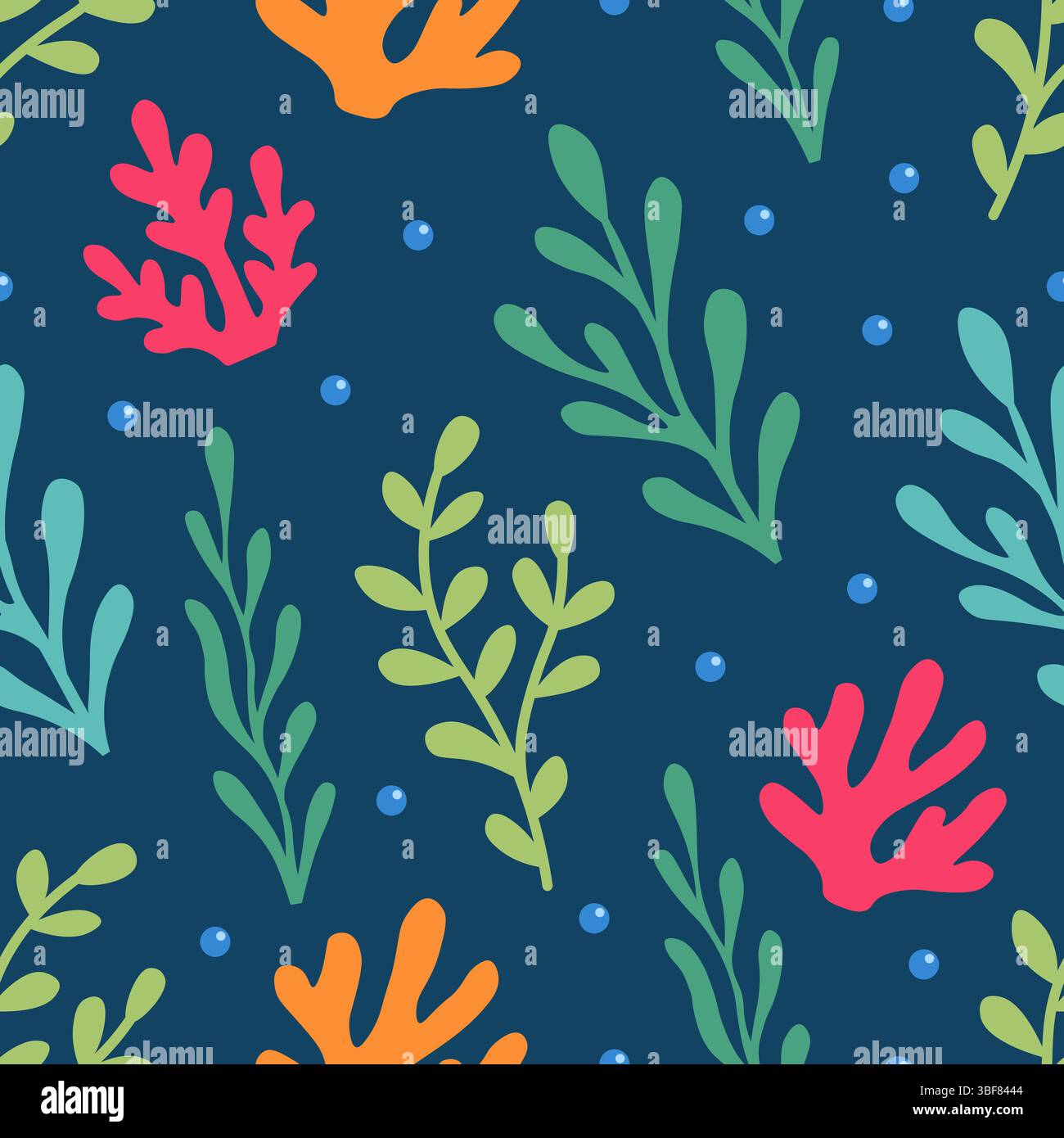 Motif corail sans couture. Plantes sous-marines colorées sur fond sombre. Illustration d'algues marines et de bulles. Illustration de Vecteur