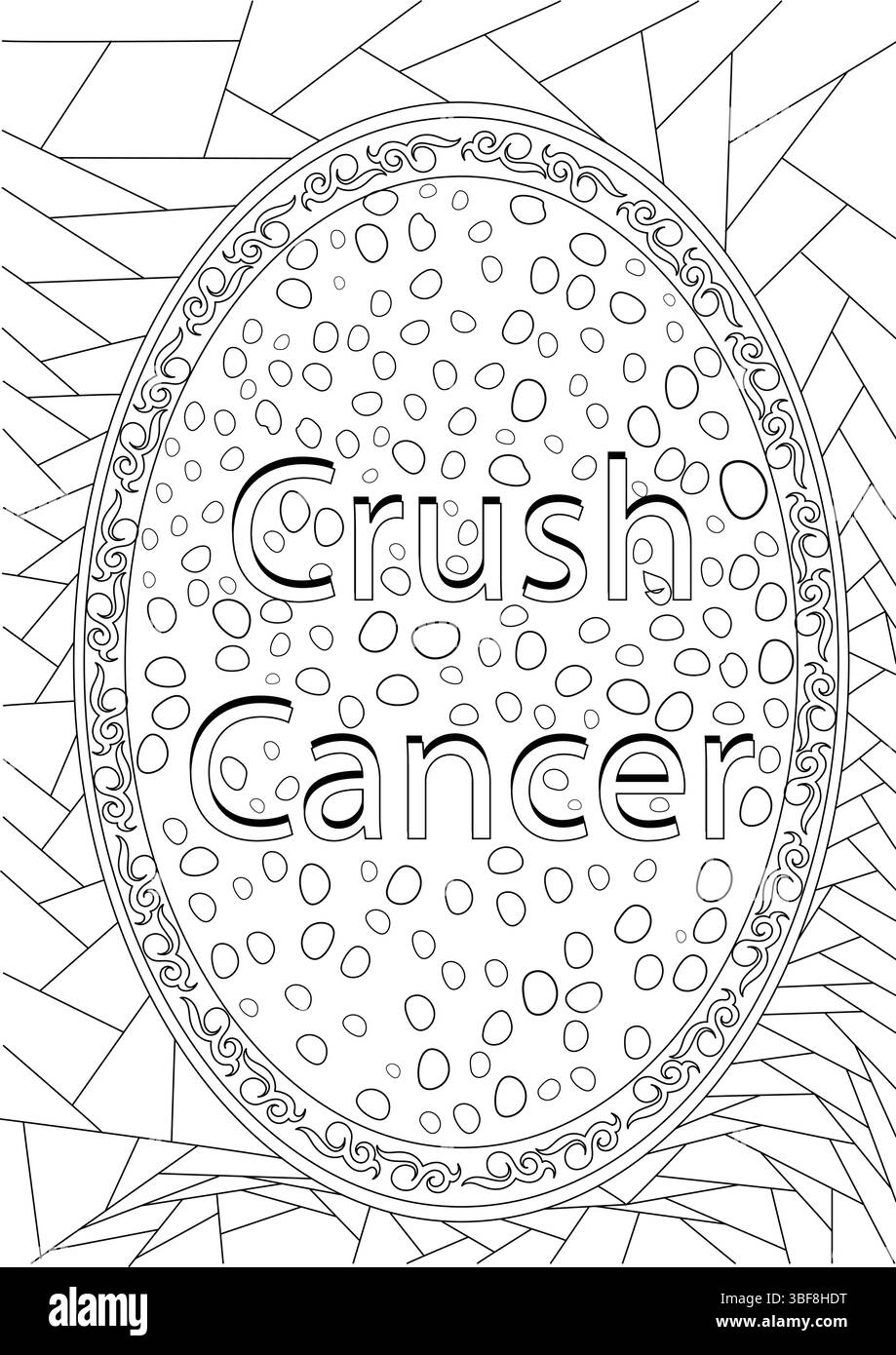 Illustration de dessin au trait noir et blanc pour la coloration, avec le texte « Crush cancer » dans un cadre ovale orné et un fond géométrique. Parfait Illustration de Vecteur