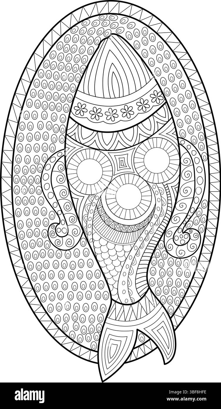 Illustration détaillée d'art au trait noir et blanc d'un poisson rempli de motifs complexes et de dessins géométriques, enfermé dans un cadre ovale. Parfait pour la publicité Illustration de Vecteur