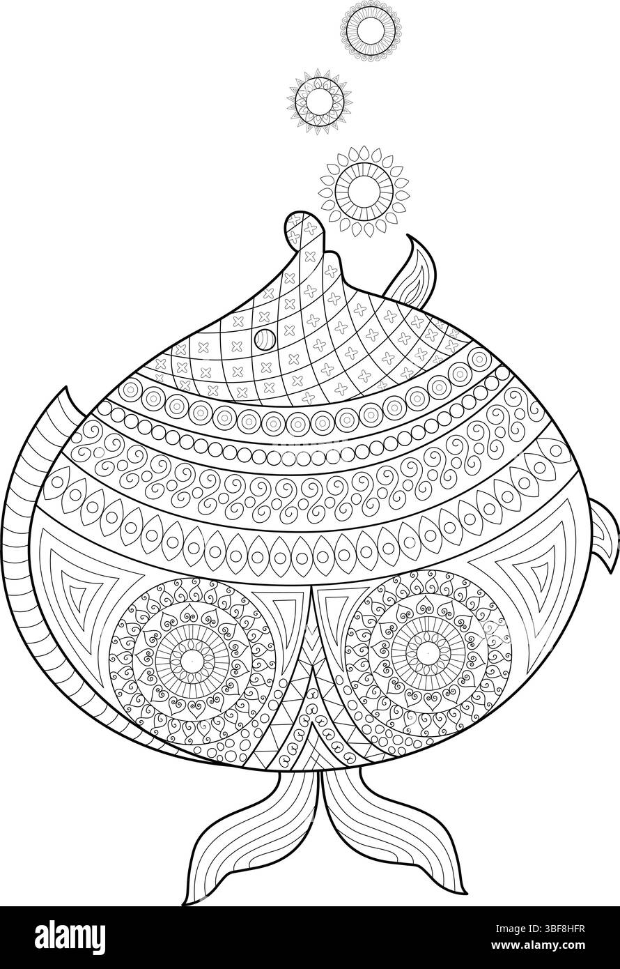 Illustration complexe d'art de ligne noir et blanc d'un poisson stylisé avec des motifs détaillés et des bulles, parfait pour les livres de coloriage, la relaxation ou la déco Illustration de Vecteur