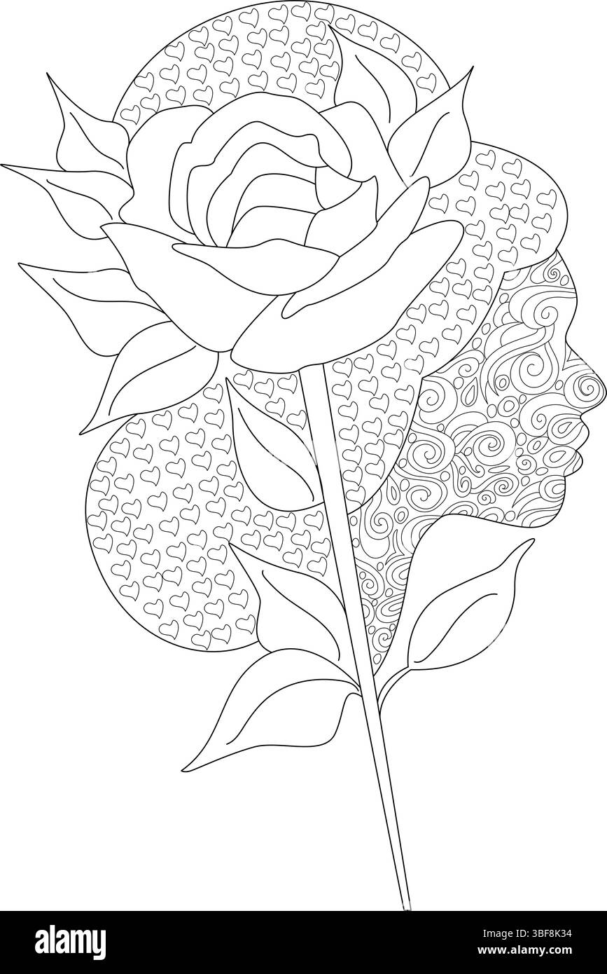 Illustration d'art au trait complexe combinant une belle rose et le profil d'un visage de femme, décoré de motifs de coeur et de tourbillon. Idéal pour la couleur Illustration de Vecteur