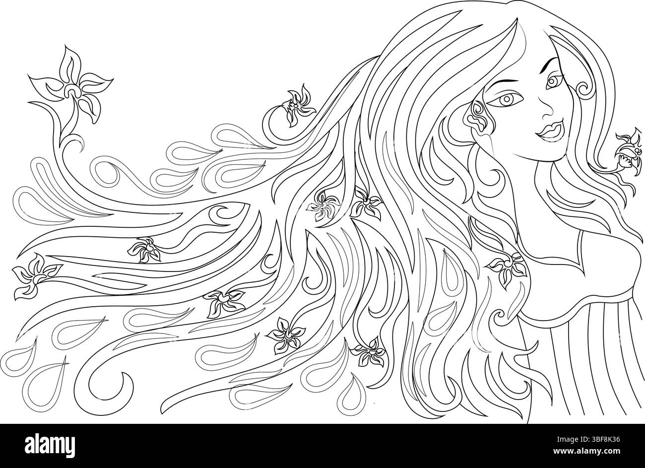 Dessin de ligne noir et blanc illustration d'une belle femme avec de longs cheveux coulants ornés de fleurs et de feuilles stylisées. Idéal pour colorer PA Illustration de Vecteur